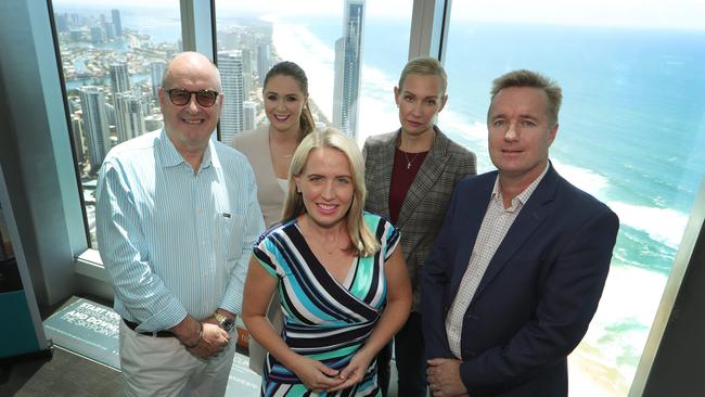 Minister for Innovation and the Tourism Industry Kate Jones when revealing the Government are calling for interest from global operators in a second Gold Coast gaming resort, at a press conference at Q1. Left to right, Tony Cochrane, MP Meaghan Scanlon, Tourism Minister Kate Jones, Gold Coast tourism CEO Annaliese Battista and Qld Airports LTD CEO Chris Mills. . Picture Glenn Hampson