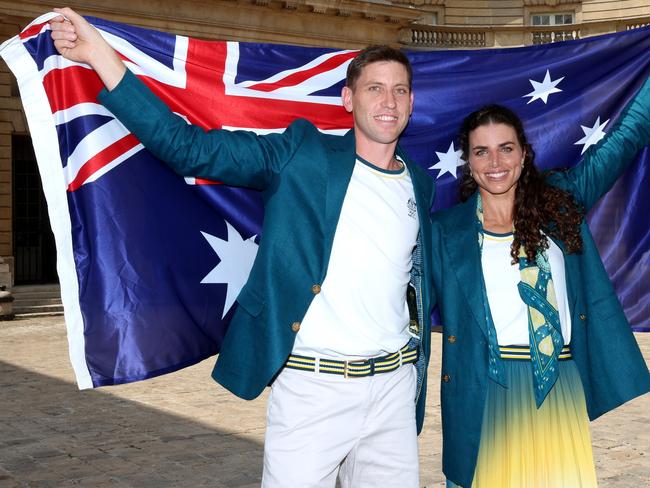 Eddie Ockenden (left) and Jessica Fox were Australia’s flag bearers at this year’s Paris Olympics. Picture: Richard Pelham/Getty Images