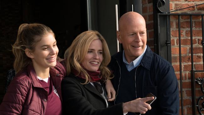 Camila Morrone as Jordan Kersey, Elisabeth Shue as Lucy Kersey, and Bruce Willis as Paul Kersey star in Death Wish.