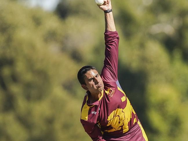 Premier Cricket: Carlton v Fitzroy Doncaster. Ejaaz Alavi bowling for Fitzroy Doncaster. Picture: Valeriu Campan