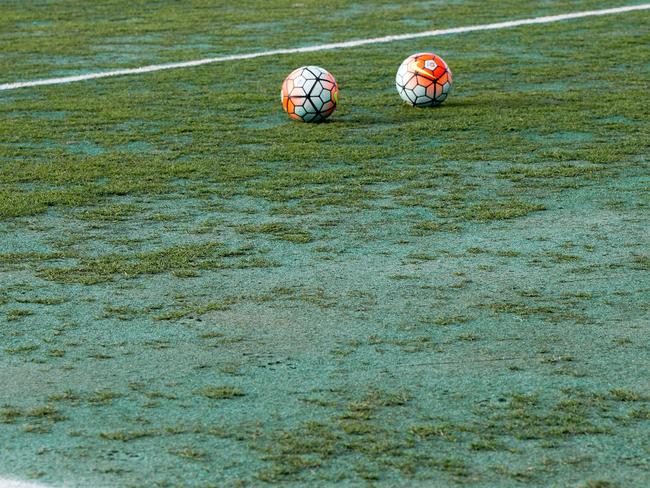 The patchy pitch in Auckland for the Phoenix v Victory match.