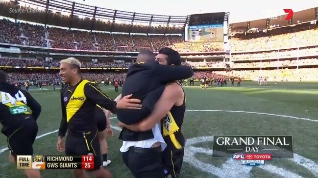 Marlion Pickett and Shaun Grigg share an emotional hug (Channel 7)