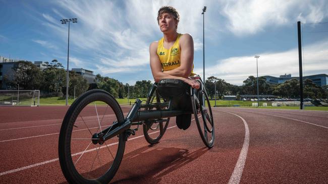 05-08-2024 Wheelchair sprinter Sam MacIntosh from Geelong will head to his fourth Paralympics this year. Picture: Brad Fleet