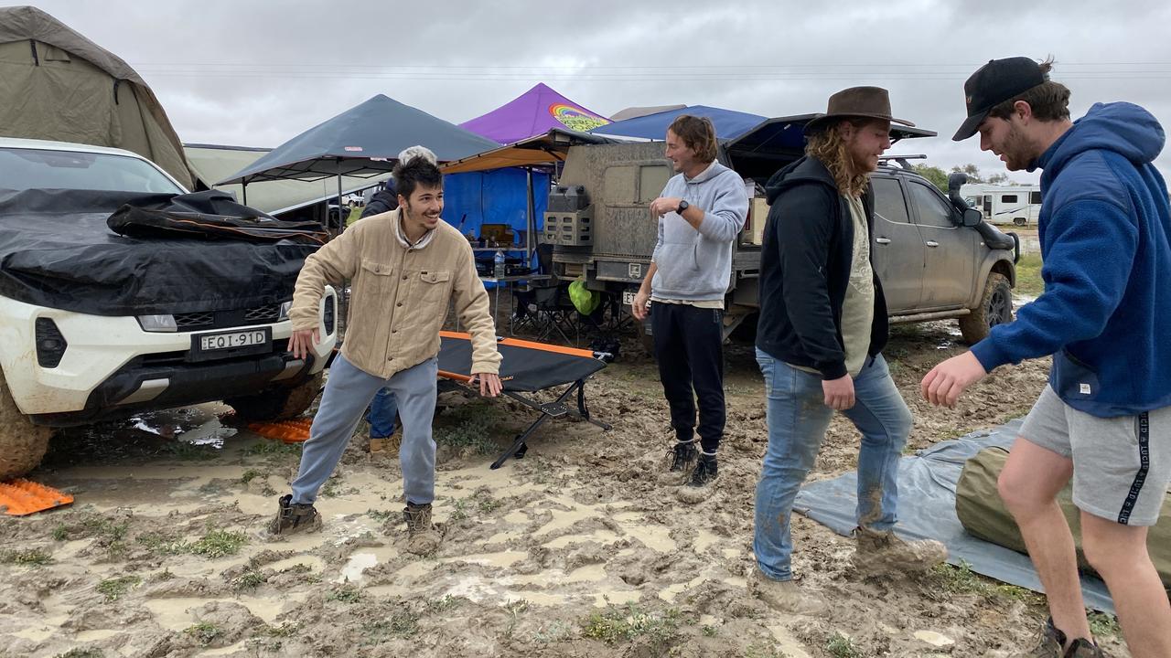 Some campers embraced the mud, while others made the decision to move to higher ground. Picture: Vanessa Brown/news.com.au