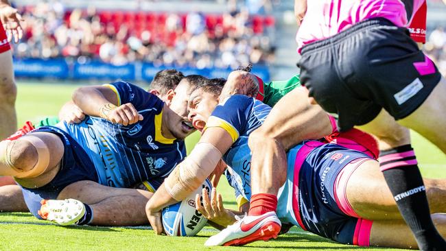 Leivaha Pulu scores in the Intrust Super Cup Grand Final between Wynnum Manly Seagulls and Norths Devils at Redcliffe Dolphins, Sunday, October 10, 2021 - Picture: Richard Walker