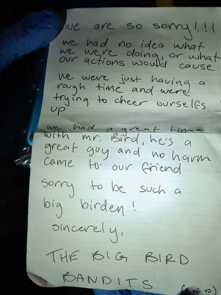 Inside the bird’s beak was an apology letter from "the Big Bird Bandits". Picture: SA Police