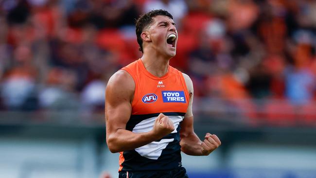 SYDNEY, AUSTRALIA - MARCH 09: Finn Callaghan of the Giants celebrates a goal during the 2025 AFL Opening Round match between the GWS Giants and the Collingwood Magpies at ENGIE Stadium on March 9, 2025 in Sydney, Australia. (Photo by Michael Willson/AFL Photos via Getty Images)