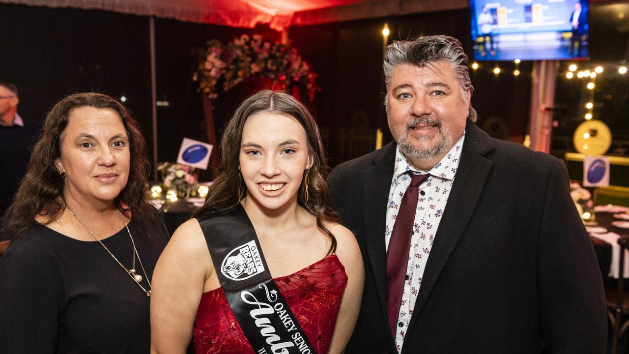 Oakey ambassador Hannah Dolan with parents Kristine Debney-Dolan and Brendan Dolan at the Toowoomba Rugby League gala presentation night 2022 at Clive Berghofer Grande Atrium Clifford Park, Friday, September 9, 2022. Picture: Kevin Farmer