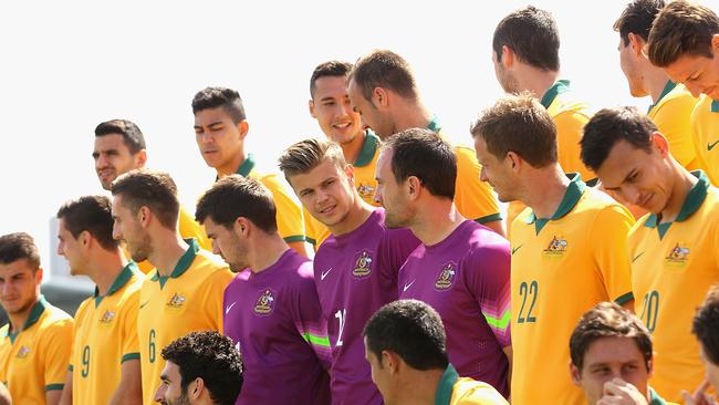 MELBOURNE, AUSTRALIA - JANUARY 05: Australian players prepare for a team photo during an Australian Socceroos team photo session at Lakeside Stadium on January 5, 2015 in Melbourne, Australia. (Photo by Robert Prezioso/Getty Images)