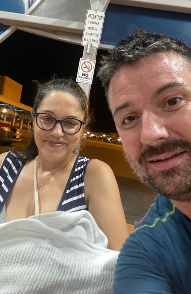 Lindsey Newman and Ruairí O’Donnell welcomed baby Nainsí in the Royal Darwin Hospital carpark. Picture: Lindsey Newman