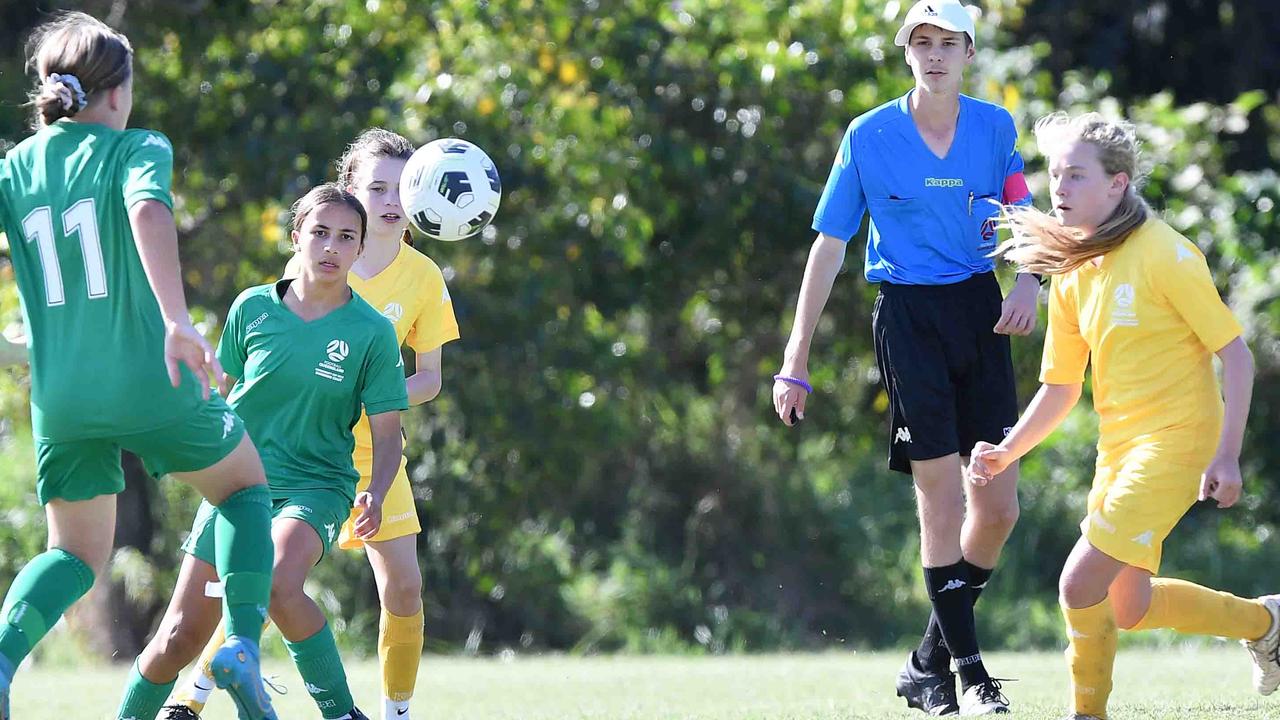 Football Queensland Community Cup carnival, Maroochydore. U13-14 girls, Sunshine Coast V Darling Downs. Picture: Patrick Woods.