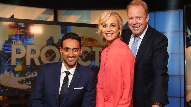 Ten Network talent Waleed Aly, Carrie Bickmore and Peter Helliar from The Project. Picture: Richard Dobson