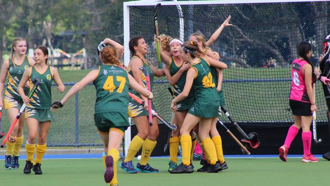 Maroochydore celebrate Charlie Jackson's goal. Picture: Tom Threadingham