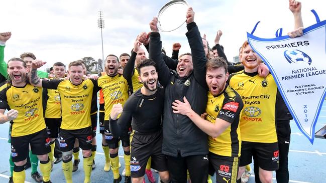 Heidelberg United celebrates its third straight NPL Victoria premiership. Picture: Sally Tsalikidis