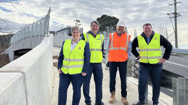 Representatives for Wingecarribee Shire Council and Transport NSW at the newly opened Range Road overbridge: Member for Wollondilly Nathaniel Smith, manager of Projects of the John Holland Rail Stephen Fleck, Project Manager at Wingecarribee Shire Council Terry Pauling, South East Tablelands Transport of NSW Senior Manager Community &amp; Place Partner, Vanessa Wilson.