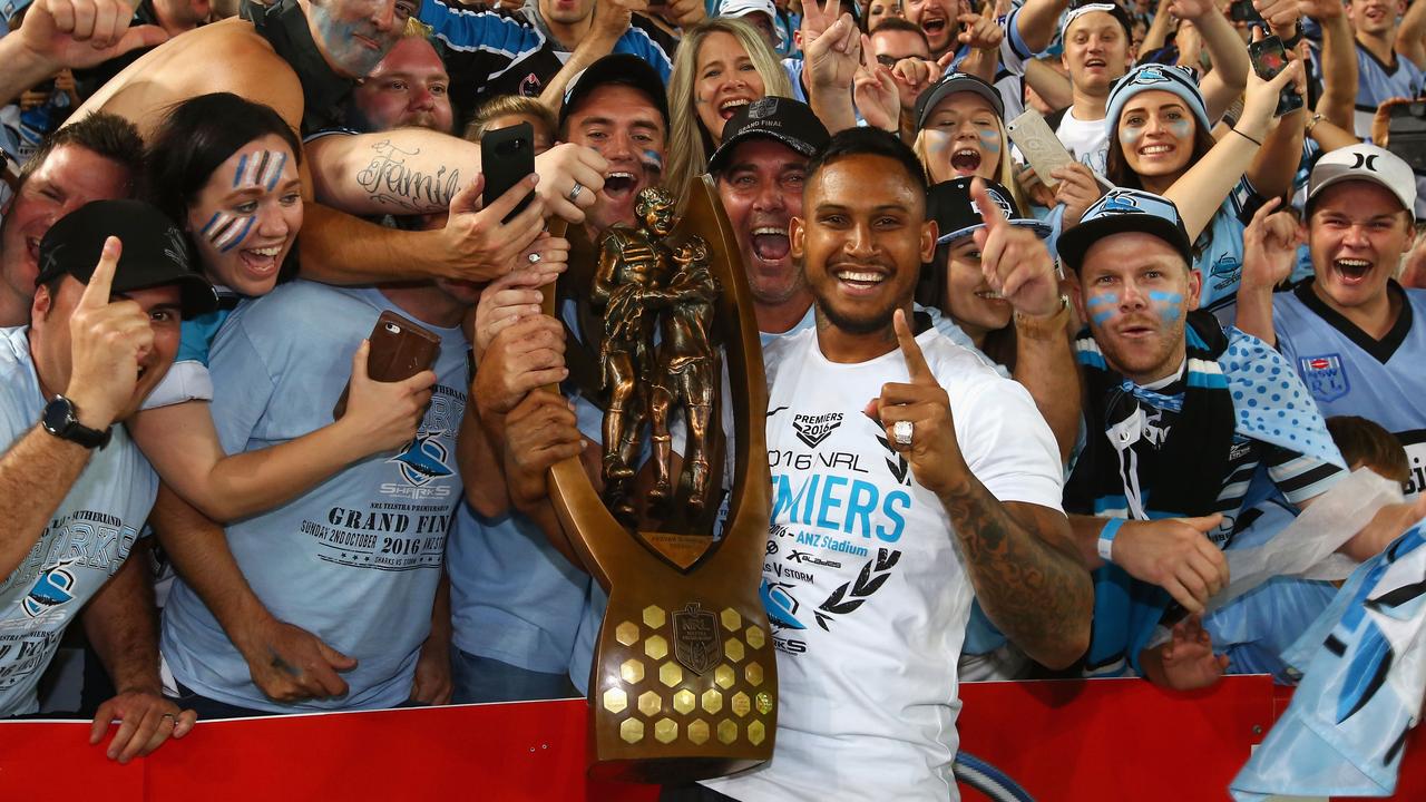 Ben Barba celebrates the 2016 premiership with Sharks fans.