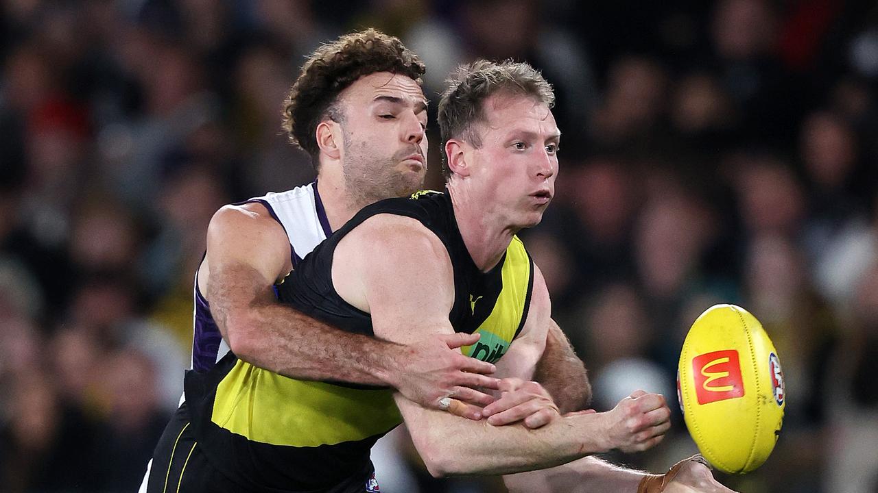 Richmond triple premiership defender Dylan Grimes is set to return from a wrist injury against Melbourne on Wednesday night. Picture: Mark Stewart