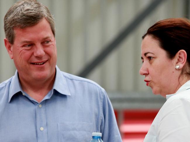 Premier Anastacia Palaszczuk with leader of the Opposition Tim Nicholls visit Ergon Energy workers at their Mackay depot. Pics Tim Marsden