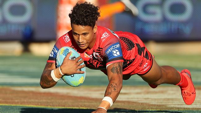 Tristan Sailor of the Dragons crosses for a try during the NRL Nines. Picture: Paul Kane