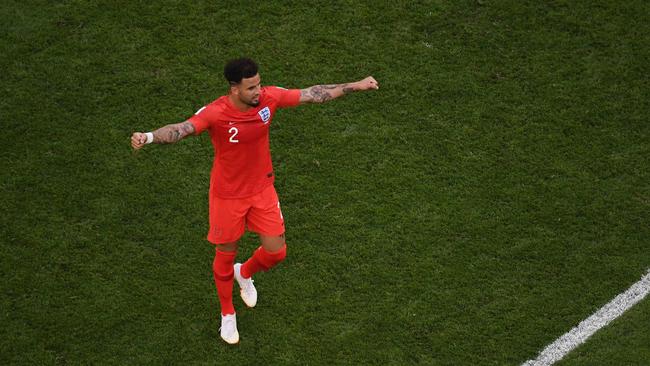 England defender Kyle Walker celebrates his team’s quarter-final victory over Sweden. Photo: AFP