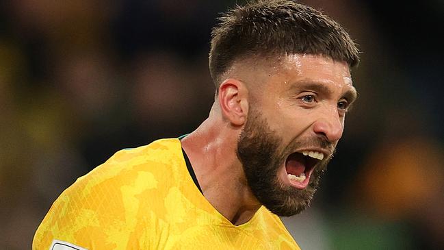 MELBOURNE, AUSTRALIA - NOVEMBER 16: Brandon Borrello of the Socceroos celebrates scoring a goal during the 2026 FIFA World Cup Qualifier match between Australia Socceroos and Bangladesh at AAMI Park on November 16, 2023 in Melbourne, Australia. (Photo by Kelly Defina/Getty Images)