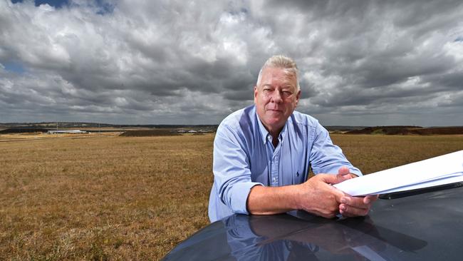 John Wagner on the area at his Wellcamp Airport where he wants to build a COVID quarantine centre at Toowoomba, west of Brisbane. Picture: Lyndon Mechielsen