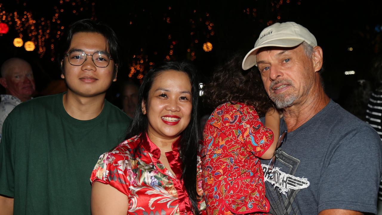 Marc Rogers, Joan Rogers, Noah Rogers and Mark Rogers celebrate the last night of Chinese New Year festivities in Cairns. Picture: Kate Stephenson