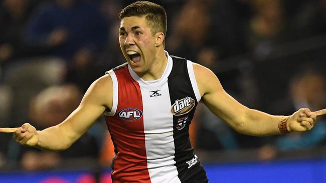 Jade Gresham celebrates a goal in St Kilda’s big win over GWS. Picture: AAP Images