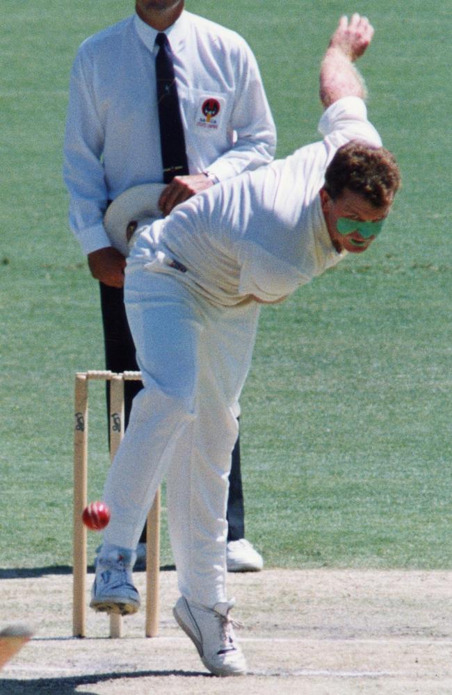 Cricket - SA vs Queensland Sheffield Shield match at Adelaide Oval, 08 Feb 1992. Queensland bowler Craig McDermott took 6/58 against SA. (Pic by unidentified staff photographer)