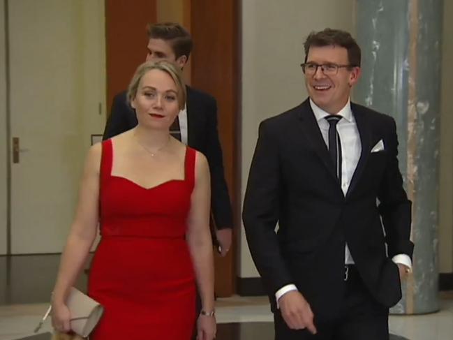 Alan Tudge arrives at the 2017 Mid-Winter Ball in the company of staffer Rachelle Miller.