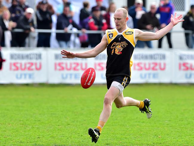 Frankston YCW forward Anthony Bruhn on his way to a bag of seven goals against Mornington. Picture: Derrick den Hollander