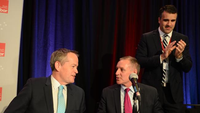 Labor state convention at the Festival Centre in October, 2015. (L-R) The-then federal leader Bill Shorten, premier Jay Weatherill and state president Peter Malinauskas at the conference. Picture: Tricia Watkinson.