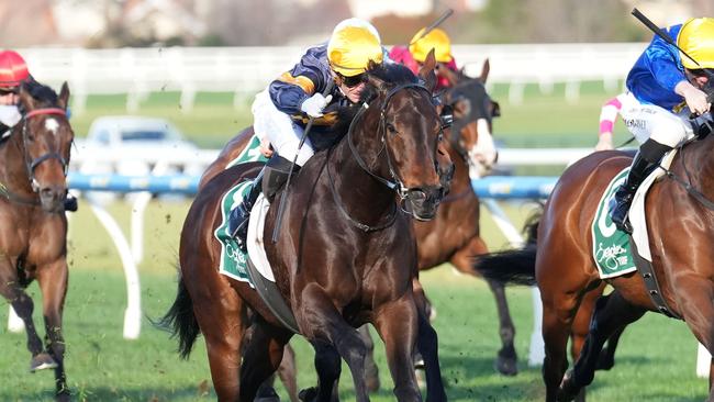 Luke Currie rides Arkansaw Kid to victory in the Regal Roller Stakes at Caulfield. Picture: Scott Barbour/Racing Photos via Getty Images