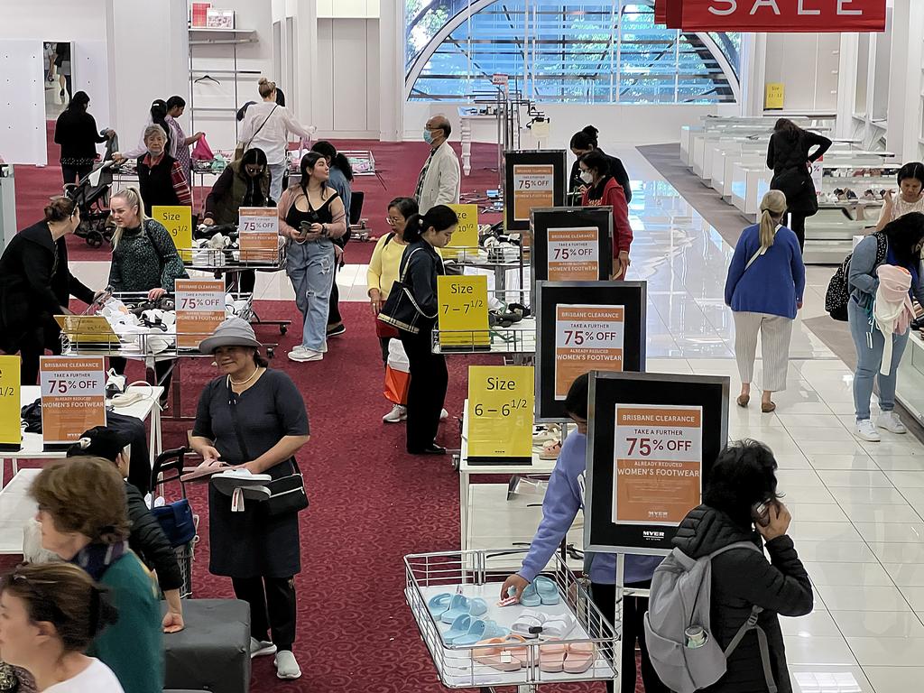 Shoppers flock to Myer’s Brisbane CBD store on its last day of trading. Picture: Lyndon Mechielsen