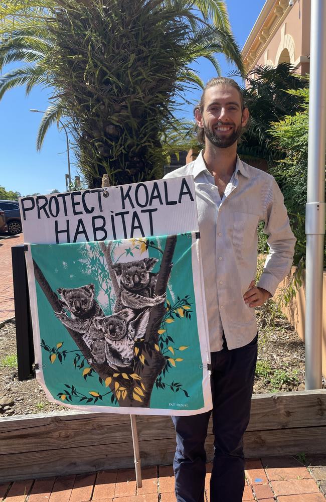 Climate protester Andrew George after being fined $3200 for hanging himself in a tree above logging equipment at Doubleduke State Forest, south of Woodburn, interrupting logging operations.