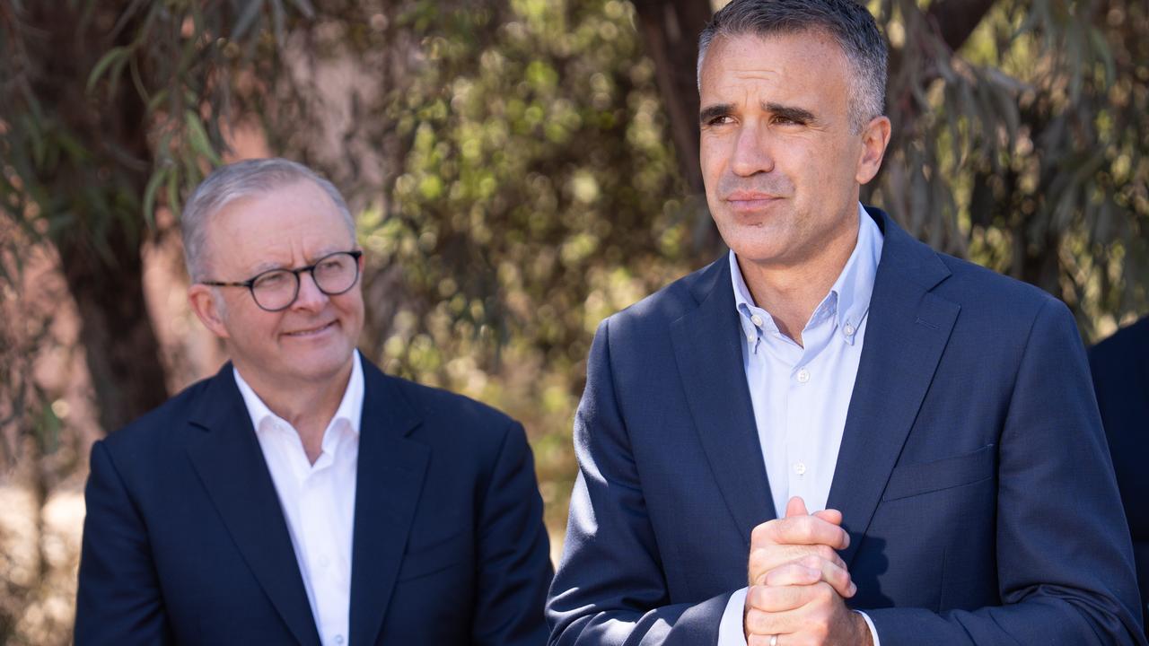 South Australian Premier Peter Malinauskas addressing the media with Prime Minister Anthony Albanese in Whyalla. Picture: NewsWire / Tim Joy