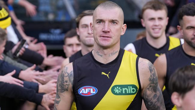 MELBOURNE, AUSTRALIA - JUNE 30: Dustin Martin of the Tigers runs out with the team during the round 16 AFL match between Richmond Tigers and Carlton Blues at Melbourne Cricket Ground, on June 30, 2024, in Melbourne, Australia. (Photo by Daniel Pockett/Getty Images)