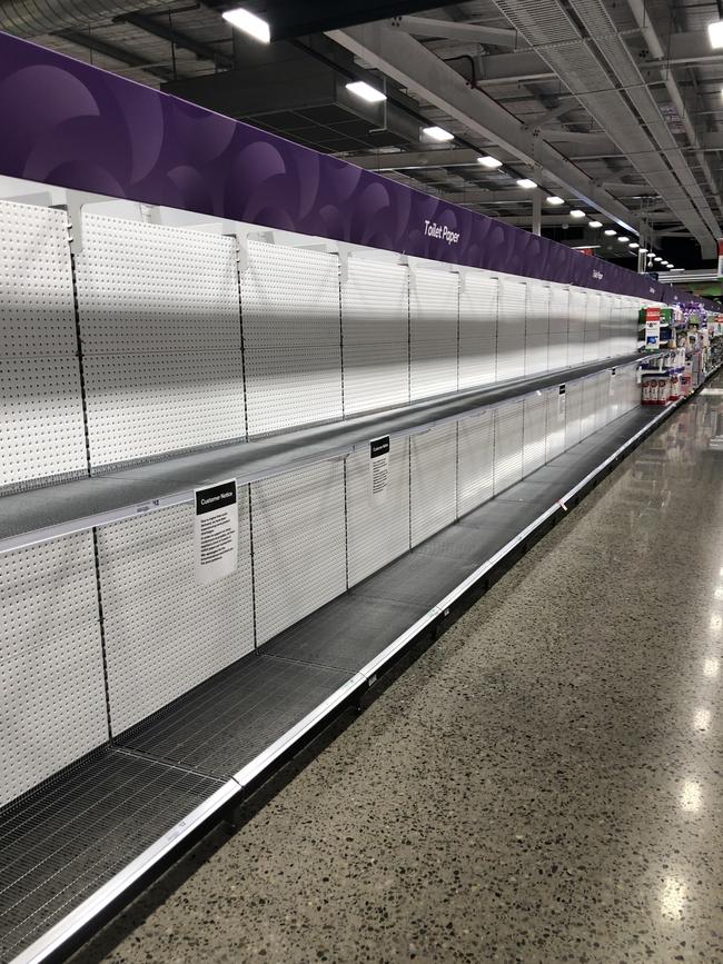 Empty shelves of toilet paper at Woolworths Brighton. Picture: Matt Deighton