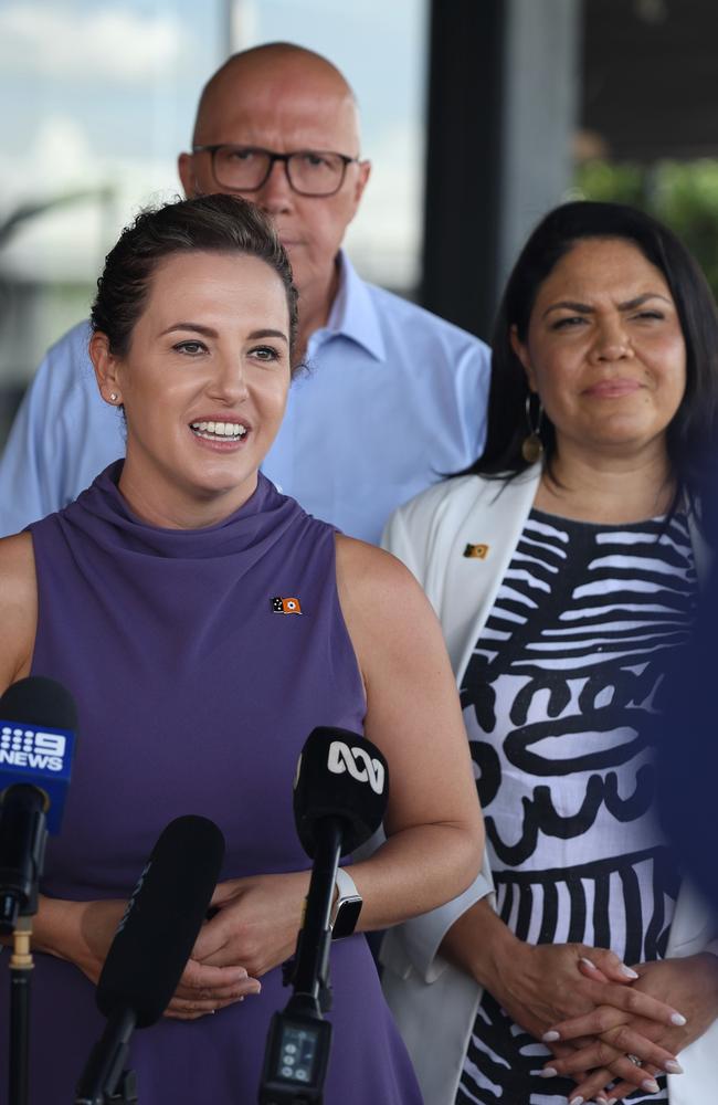 Opposition leaders Lia Finocchiaro and Peter Dutton with Territory Senator Jacinta Nampijinpa Price.