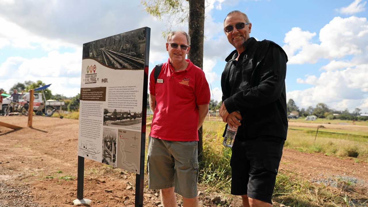 Mark Linnett and Craig Madsen at the official opening of the Mary Valley Rail Trail. Picture: Gympie Regional Council