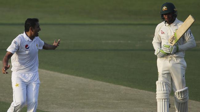 Pakistan's Mohammad Abbas celebrates the dismissal of Usman Khawaja. Picture: AP