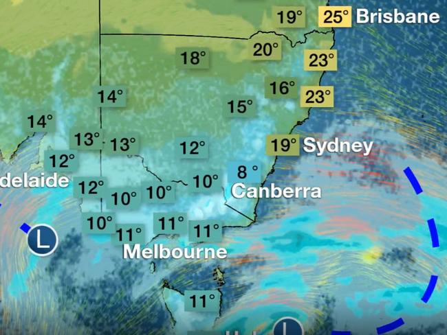 Temperatures could plummet as low pressure takes over from stubborn high pressure across southern Australia. Picture: BOM.