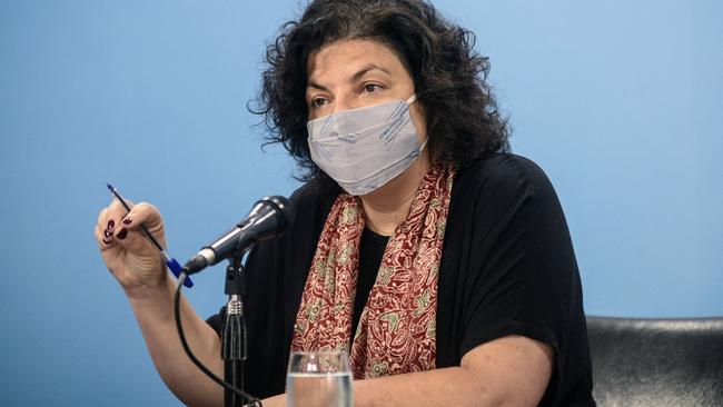 Argentinian Health Minister Carla Vizzotti speaks to reporters. Picture: AFP.