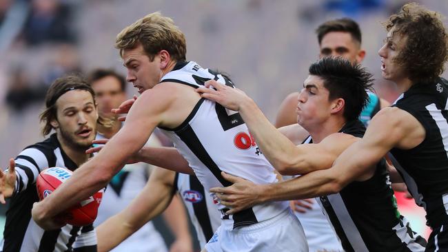 Port Adelaide's Jack Watts runs into some heavy traffic against Collingwood. Picture: Alex Coppel