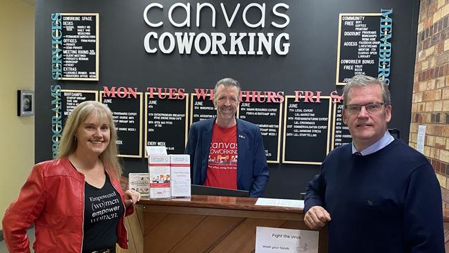 Start-up Support: Federal Member for Groom Dr John McVeigh (right) joined Canvas Coworking Inc. Community Manager Joy Taylor and President David Masefield