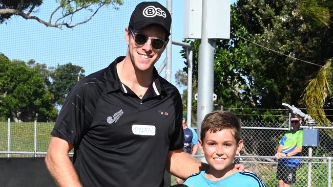 CLUB SHIRT: Jake Hamilton was thrilled to be presented with a Labrador shirt from Dylan Wotherspoon when the Ballina Hockey Club hosted a clinic at the Ballina Turf for youngsters aged U11 to U13 and U15 to U18. Photo: Shez Napper