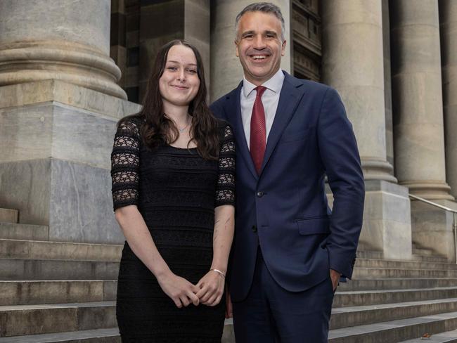 June 5, 2024: Chloe Wyatt-Jasper with Premier Peter Malinauskas on the steps of parliament, The government is announcing a range of youth mental health supports in the state budget. Picture: Kelly Barnes