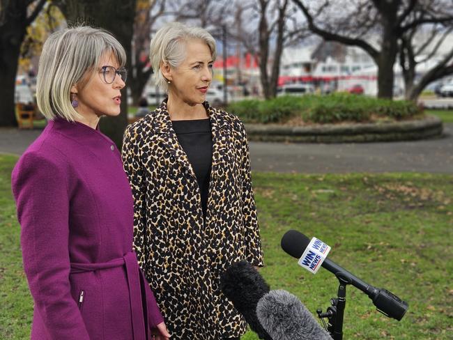 Greens health spokeswoman Cecily Rosol and party leader Rosalie Woodruff speak to the media on Parliament Lawns in Hobart on Wednesday, June 19, 2024.