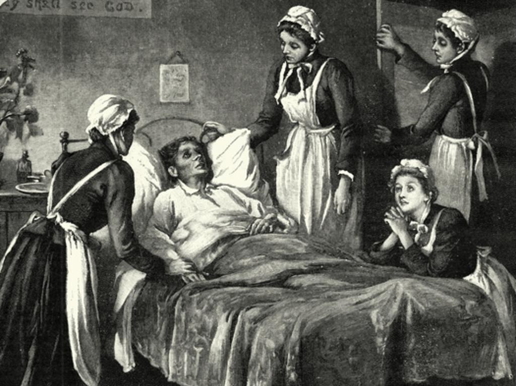 RendezView. Vintage engraving of Victorian nurses caring for a dying man suffering from Tuberculosis. (Pic: iStock)