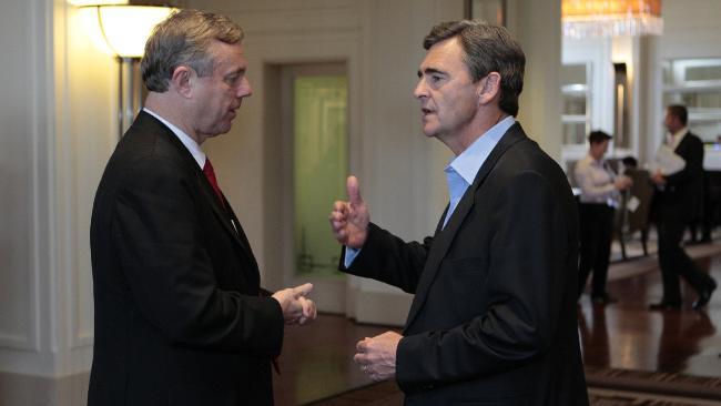 South Australian Premier Mike Rann, left, with his Victorian counterpart John Brumby as health reform talks continued in Canberra last night. Picture: Ray Strange